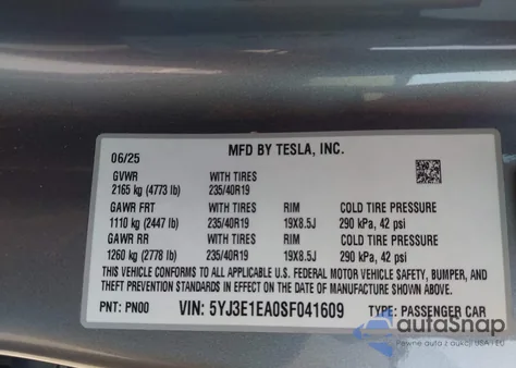 2025 Tesla Model 3 Long Range Rear-Wheel Drive из США, поврежденный, VIN 5YJ3E1EA0SF041609